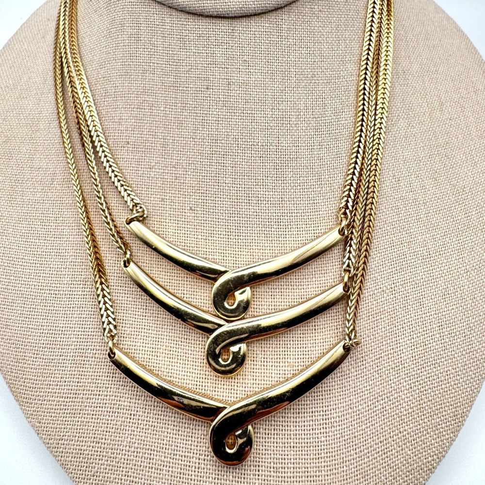 Vintage Monet Necklace Herringbone Gold Tone 3 Strand Chevron Tiered